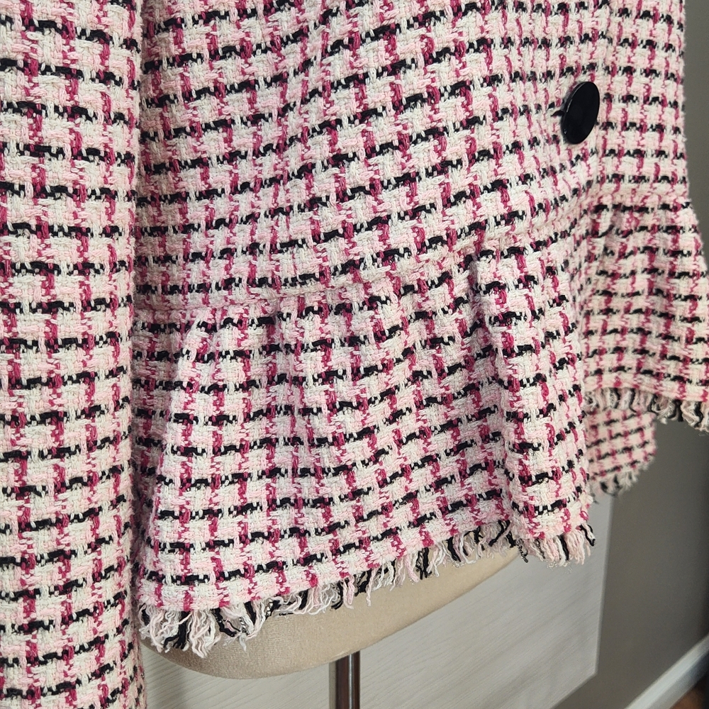 Kate Spade New York Pink Cropped Tweed Peplum Jacket Size 8 Fringe Bold Buttons - Picture 9 of 15